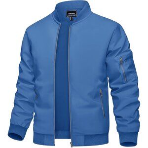 🆕 Men Blue Bomber Jacket Lightweight Casual Spring Fall Windbreaker Zip Up Coat